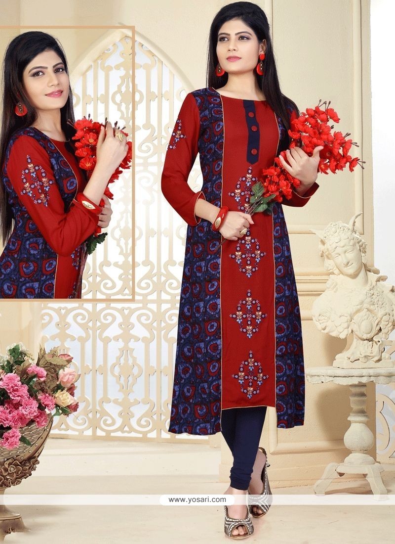 Buy Artistic Rayon Maroon And Navy Blue Print Work Party Wear Kurti ...