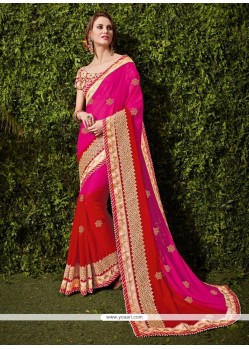 Aesthetic Diamond Work Hot Pink And Red Shaded Saree