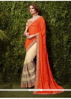 Lavish Beige And Orange Net Half N Half Saree