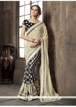 Engrossing Faux Chiffon Beige And Navy Blue Patch Border Work Designer Half N Half Saree