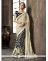 Engrossing Faux Chiffon Beige And Navy Blue Patch Border Work Designer Half N Half Saree