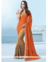 Demure Embroidered Work Beige And Orange Half N Half Designer Saree