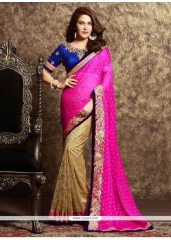 Awesome Net Beige And Hot Pink Lace Work Half N Half Designer Saree