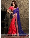 Voluptuous Satin Navy Blue And Red Embroidered Work Designer Half N Half Saree