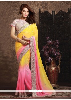 Aspiring Pink And Yellow Embroidered Work Fancy Fabric Shaded Saree