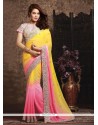 Aspiring Pink And Yellow Embroidered Work Fancy Fabric Shaded Saree