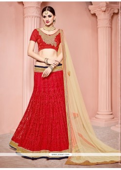 Distinctively Red Lace Work Net Lehenga Choli