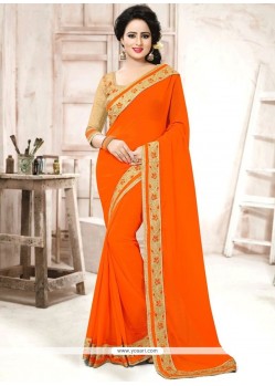 Embroidered Faux Chiffon Designer Saree In Orange