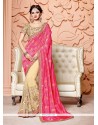 Enthralling Cream And Pink Hand Work Work Net Designer Half N Half Saree