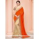 Stunning Beige And Orange Embroidered Work Net Designer Half N Half Saree