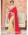 Graceful Beige And Red Embroidered Work Viscose Half N Half Saree