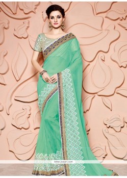 Gorgonize Sea Green Lace Work Faux Chiffon Classic Saree