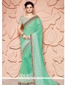 Gorgonize Sea Green Lace Work Faux Chiffon Classic Saree