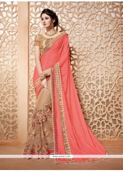 Aspiring Embroidered Work Beige And Rose Pink Half N Half Trendy Saree