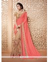 Aspiring Embroidered Work Beige And Rose Pink Half N Half Trendy Saree