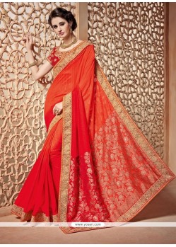 Marvelous Art Silk Orange And Red Embroidered Work Designer Traditional Saree