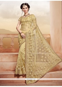 Intricate Net Beige Lace Work Classic Designer Saree