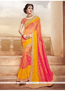 Specialised Hot Pink And Yellow Patch Border Work Art Silk Shaded Saree