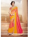 Specialised Hot Pink And Yellow Patch Border Work Art Silk Shaded Saree