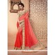 Beautiful Pink And Red Embroidered Work Bamber Georgette Shaded Saree