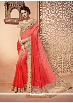 Beautiful Pink And Red Embroidered Work Bamber Georgette Shaded Saree