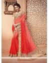 Beautiful Pink And Red Embroidered Work Bamber Georgette Shaded Saree