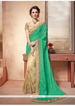 Distinctively Embroidered Work Beige And Sea Green Net Designer Half N Half Saree