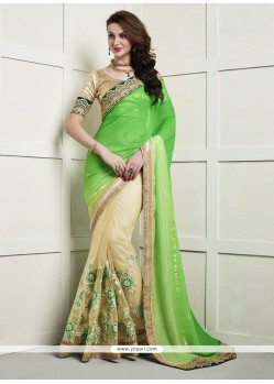 Striking Net Cream And Green Designer Half N Half Saree