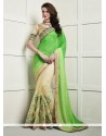 Striking Net Cream And Green Designer Half N Half Saree