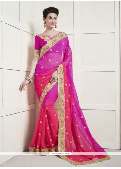 Fabulous Hot Pink Patch Border Work Faux Chiffon Shaded Saree