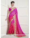 Fabulous Hot Pink Patch Border Work Faux Chiffon Shaded Saree