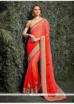 Sightly Orange And Red Patch Border Work Art Silk Shaded Saree