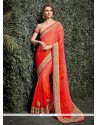 Sightly Orange And Red Patch Border Work Art Silk Shaded Saree