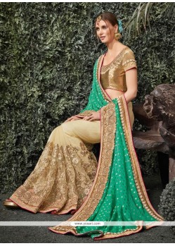 Auspicious Beige And Sea Green Designer Half N Half Saree