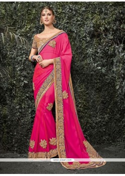 Spellbinding Hot Pink Patch Border Work Faux Chiffon Classic Designer Saree