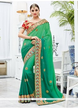 Adorable Art Silk Sea Green Lace Work Shaded Saree