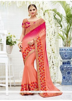 Mystic Faux Chiffon Orange And Pink Zari Work Shaded Saree