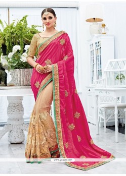 Impeccable Cream And Pink Zari Work Art Silk Designer Half N Half Saree