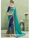 Innovative Navy Blue And Sea Green Brasso Half N Half Saree