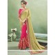 Divine Faux Chiffon Green And Hot Pink Half N Half Saree