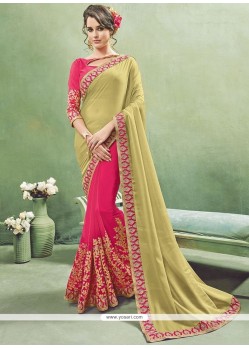 Divine Faux Chiffon Green And Hot Pink Half N Half Saree