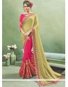 Divine Faux Chiffon Green And Hot Pink Half N Half Saree