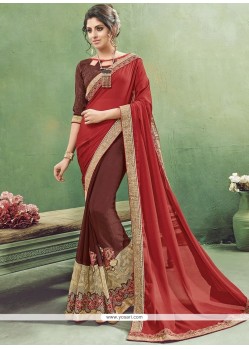 Scintillating Embroidered Work Brown And Maroon Half N Half Designer Saree