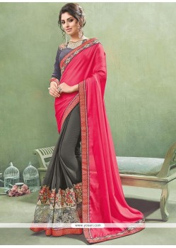 Absorbing Faux Georgette Grey And Hot Pink Lace Work Designer Half N Half Saree