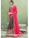 Absorbing Faux Georgette Grey And Hot Pink Lace Work Designer Half N Half Saree