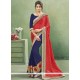 Modern Navy Blue And Red Patch Border Work Faux Georgette Designer Half N Half Saree