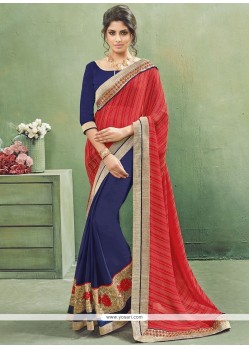 Modern Navy Blue And Red Patch Border Work Faux Georgette Designer Half N Half Saree