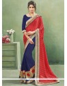 Modern Navy Blue And Red Patch Border Work Faux Georgette Designer Half N Half Saree