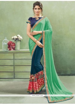 Unique Sea Green And Teal Zari Work Faux Chiffon Designer Half N Half Saree