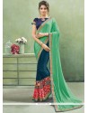 Unique Sea Green And Teal Zari Work Faux Chiffon Designer Half N Half Saree